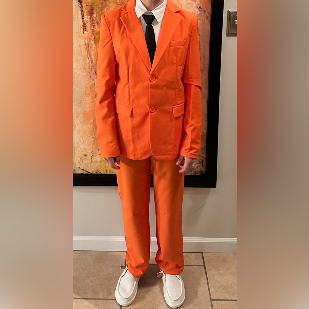 Boys 14 Orange Suit 4 piece white dress shirt vest pants wedding